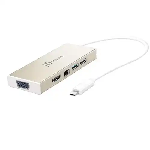 USB-C 3.1 Mini Hub by j5create | USB 3.1/3.0/2.0| HDMI 1920 x 1200 @ 60 Hz/VGA 1920 x 1200 @ 60 Hz | Gigabit Ethernet | Compatible with USB C Devices