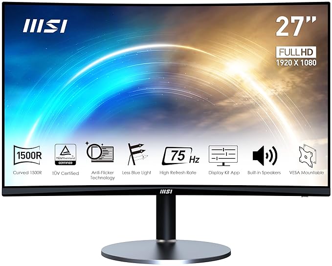 MSI Pro Mp272C 27 Inch Full Hd Business & Productivity LCD Monitor - 1920 X 1080, 75 Hz, Eye-Friendly Screen, Built-in Speakers, Vesa Mountable, Anti-Flicker, Black
