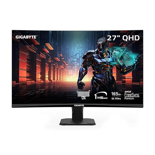Gigabyte GS27QC 68.58 Cm (27") 165Hz Curved Gaming Monitor | 1440P VA 1500R Display | 1ms MPRT | HDR Ready | FreeSync Premium | 1x DisplayPort 1.4 | 2x HDMI 2.0