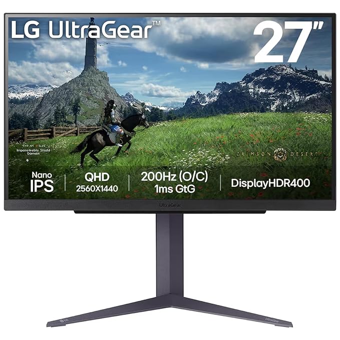 LG 27GS85Q Ultragear Gaming Monitor, 27" QHD (2560x1440), Nano IPS, 1ms, 180Hz (O/C 200Hz), NVIDIA G-SYNC & AMD FreeSync, HDR 400, Adjustable Stand, HDMI, DP, HP Out, Black