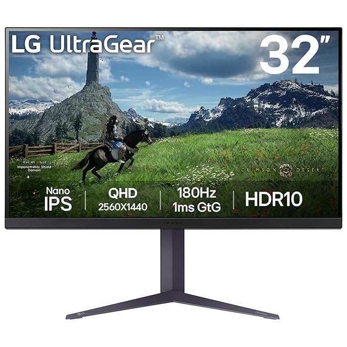 LG UltraGear 32GS85Q 32" QHD Nano IPS Gaming Monitor – 180Hz, 1ms, G-SYNC & FreeSync, HDR10, Adjustable Stand, HDMI x2, DisplayPort, Black