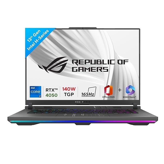 ASUS ROG Strix G16 | 13th Gen Intel Core i7-13650HX | RTX 4050 6GB (140W TGP) | 16GB RAM | 1TB SSD | 16" FHD+ 165Hz | Windows 11 | Office Home 2024 | M365 Basic (1 Year) | Eclipse Gray | 2.50 Kg | G614JU-N4200WS