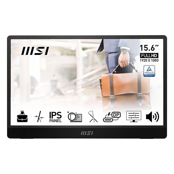 MSI PRO MP161 E2 15.6" Full HD Portable Monitor – IPS Panel, 60Hz, Eye-Care, Built-in Speakers, Mini-HDMI 2.0b & Dual USB-C, Kickstand & Slim Design – Compatible with PC, Laptop, Mobile