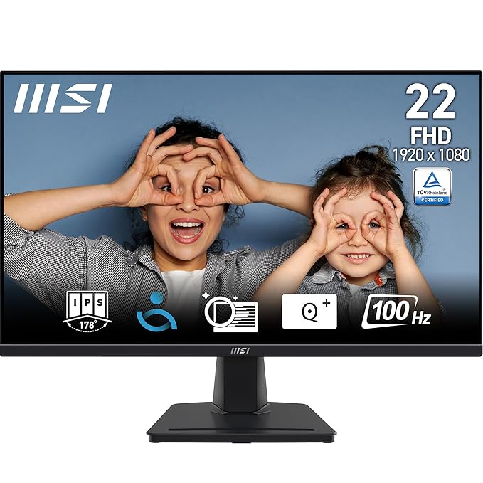 MSI PRO MP225 21.5" Full HD Monitor – IPS Panel, 100Hz Refresh Rate, Eye Care, Anti-Glare, Tilt Adjustable, Built-in Speakers, HDMI & VGA, Black