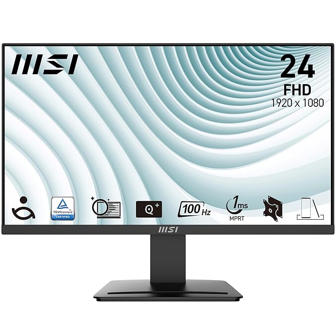 MSI PRO MP2412 23.8" Full HD Office Monitor – 1920 x 1080, Wide View Panel, 100Hz Refresh Rate, Eye-Friendly Screen, VESA Mountable, Display Kit Support, Tilt Adjustable – HDMI 1.4b & DP 1.2a