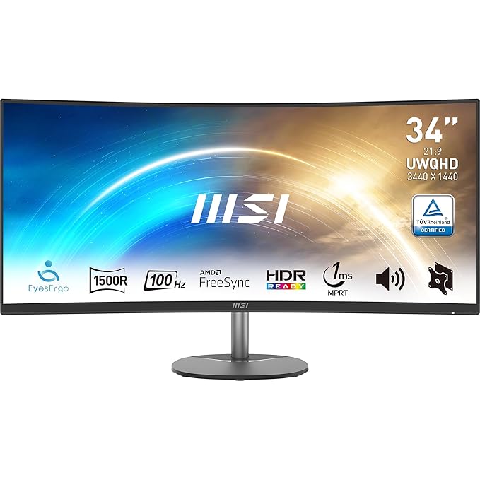 MSI PRO MP341CQ 34" Full HD Curved LED Monitor – 100Hz, Anti-Glare, Anti-Flicker, VESA Mount (Black)