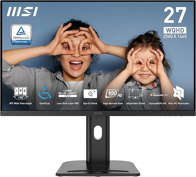MSI PRO MP273QP E2 27" QHD IPS Monitor – 100Hz, HDR400, FreeSync, 1ms, HDMI/DP, Height Adjustable, VESA Mount, Built-in Speakers, Tilt – Black