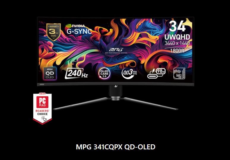 MSI MPG 341CQPX QD-OLED 34" Curved UWQHD Gaming Monitor – 3440x1440, 240Hz, 0.03ms, QD-OLED, 99.3% DCI-P3, HDR True Black 400, USB-C 98W PD, HDMI 2.1, DP 1.4a