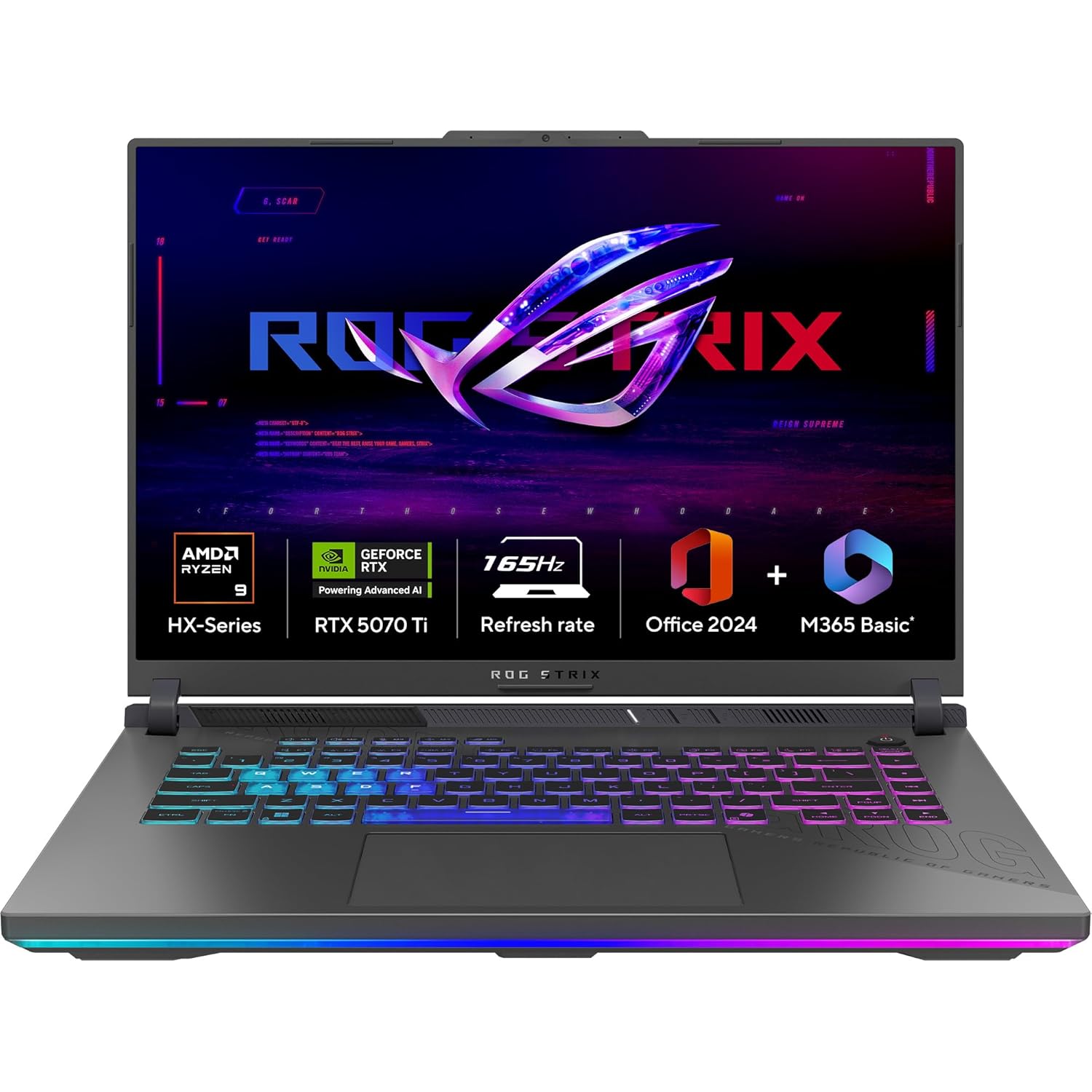 ASUS ROG Strix G16 Gaming Laptop | AMD Ryzen 9 8940HX | NVIDIA RTX 5070 Ti | 16GB RAM | 1TB SSD | 16" FHD+ 165Hz Display | 90WHrs Battery | Windows 11 | M365 Basic (1 Year) | Office Home 2024 | Eclipse Gray | 2.5Kg | Model G614PR-RV032WS