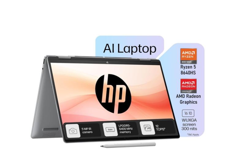 HP Envy x360, Enhanced by AI, AMD Ryzen 5 8640HS, 14-inch (35.6 cm), WUXGA, 16GB LPDDR5, 512GB SSD, AMD Radeon Graphics, 5MP IR Camera, Poly Studio (Win 11, MSO 2021, Silver, 1.44 kg), fa0038AU