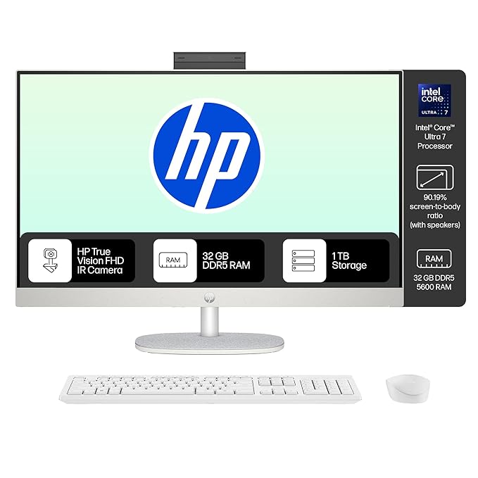 HP All-in-One | Intel Core Ultra 7 155U | 32GB DDR5 | 1TB SSD | 27" FHD IPS | Win 11 | Office 24 | FHD IR Camera | Shell White | 27-cr1078in