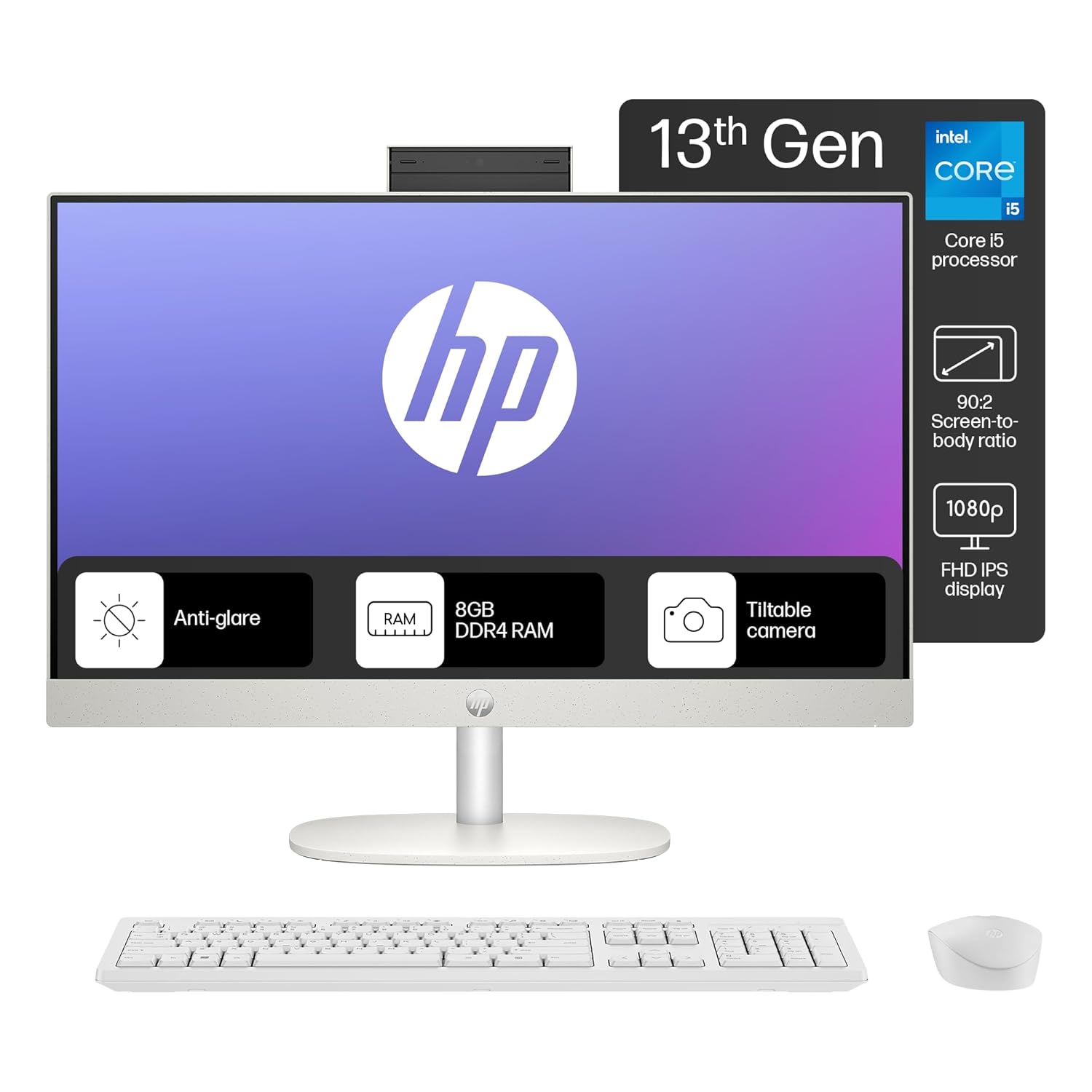 HP All in One 24,13th Gen Intel Core i5-1334U, (8GB DDR4,512GB SSD),Microsoft365* Office2024, Win 11 Home, 23.8inch(60.5cm) FHD,Three Sided Micro Edge,FHD Camera,5.27Kg, White, 24-cr0477in