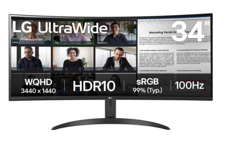 LG 34 Inches 34WR50QK  21:9 Curved Ultra Wide Monitor, WQHD (3440 x 1440 Pixels), sRGB 99%(Typ), HDR 10, Dual Controller, PBP, Flicker Safe, Smart Energy Saving, HDMI, DP, Head Phone Out,Tilt, Black,