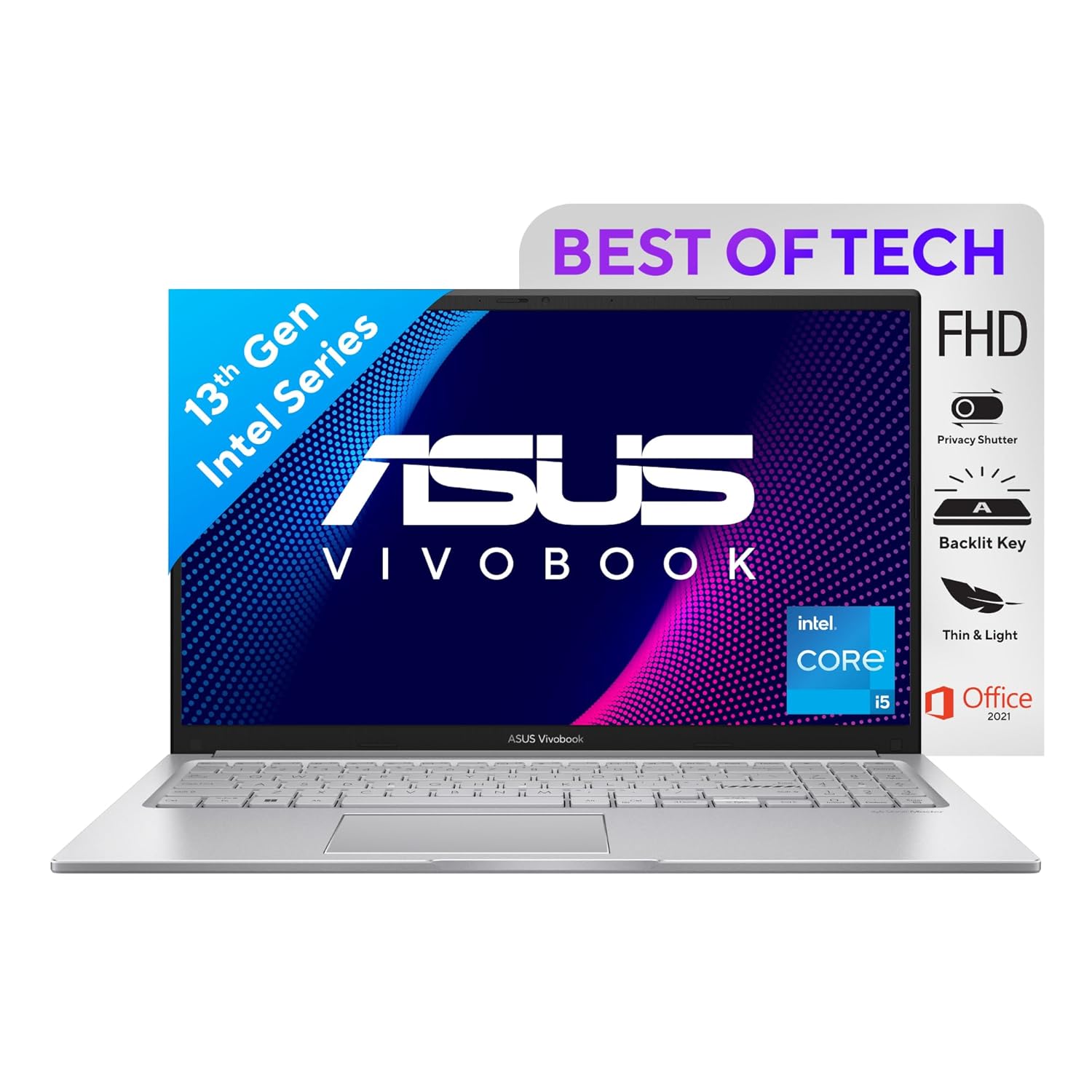 ASUS Vivobook 15 (2023), Intel Core i5-1335U 13th Gen, 16GB RAM, 512GB SSD, 15.6" FHD 60Hz, Intel Iris Xe Graphics, Windows 11, Office 2021, Backlit Keyboard, Cool Silver, 1.70 kg | X1504VA-NJ540WS