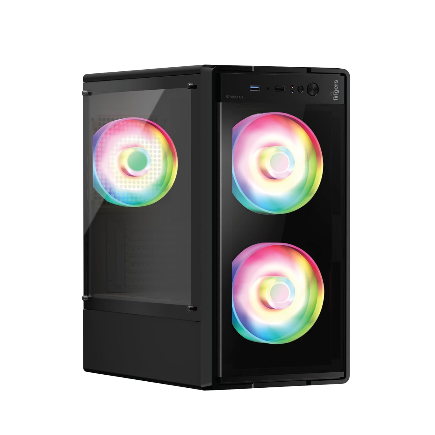 FINGERS 3D-Vision-G3 Micro-ATX PC Cabinet (M-ATX/Mini-ITX, Full 3D Toughened Glass Panels, Dual Chamber, 3 x ARGB Fans, High Airflow, USB 3.0 + USB 2.0, Sturdy Build & Easy Setup), Rich Black