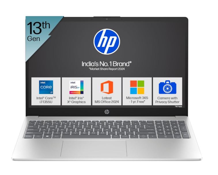 HP 15 Laptop,13th Gen Intel Core i7-1355U Laptop(16GB DDR4,512GB SSD) Anti-Glare, Micro-Edge,15.6" FHD, Win11, M365 Basic(1yr),MSOffice 2024,Silver,1.59kg, Iris Xe, Camera w/Shutter,FPR, fd0515TU