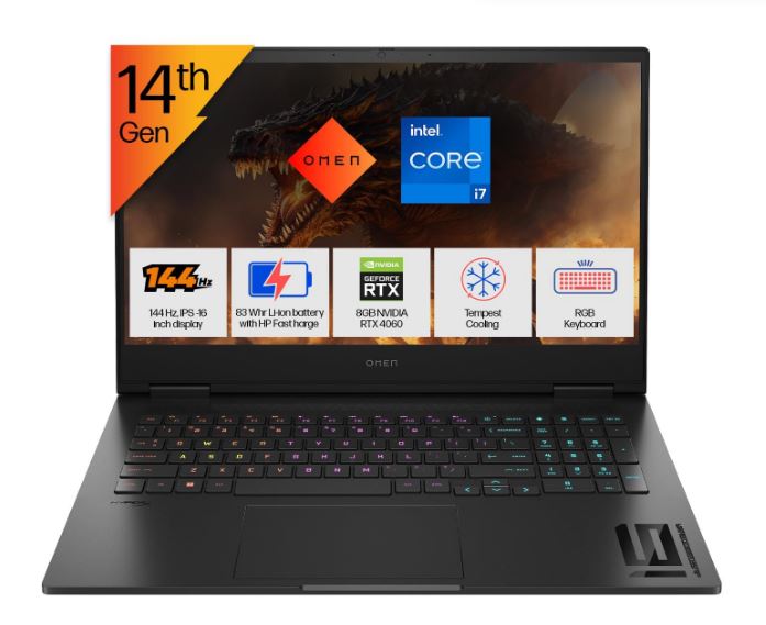 HP OMEN Gaming, 14th Gen Intel Core i7-14650HX, 8GB RTX 4060 (16GB DDR5, 1TB SSD) FHD, 144Hz, IPS, 16.1-inch (40.9 cm) Win11, Office21, Black, 2.39 kg, wf1150TX, RGB KB, Tempest Cooling Gaming Laptop