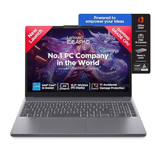 Lenovo IdeaPad Slim 3 Intel Core i5 13th Gen |16GB RAM, 512GB SSD, 15.3" WUXGA IPS | Win 11, Office 2024, Backlit KB, IR Camera, 1Yr ADP, Grey, 1.6kg