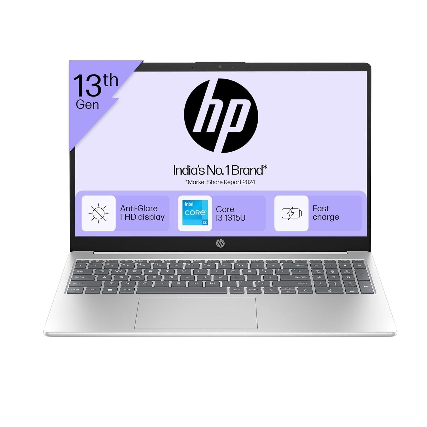 HP Laptop 15s, Intel Core i3-1315U (13th Gen), 8GB RAM, 512GB SSD, 15.6" FHD, Win 11, MS Office 2024, UHD Graphics, Wi-Fi 6, Webcam Shutter, Natural Silver FD0582TU