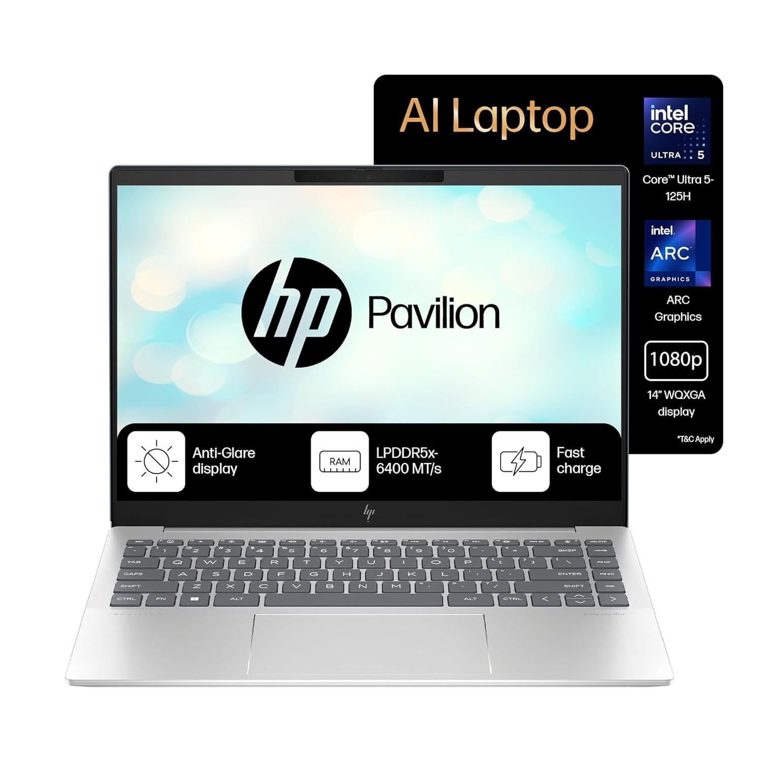 HP Pavilion Plus, Enhanced by AI, Intel Core Ultra 5 125H, 14-inch, WQXGA, 16GB LPDDR5x, 512GB SSD, Intel Arc Graphics, 5MP IR Camera/w Privacy Shutter, Backlit KB (Win 11, Silver, 1.44 kg) ew1074TU