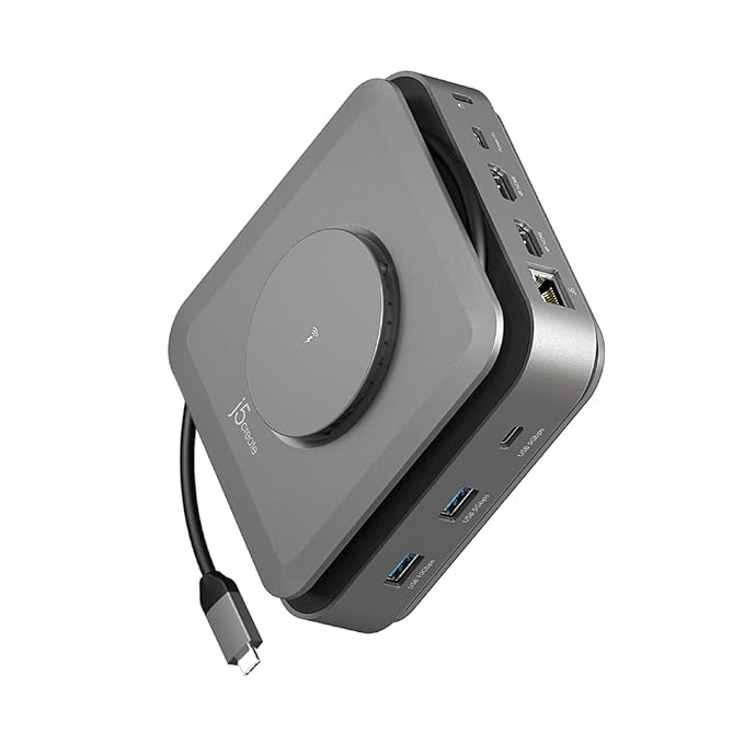 j5create USB-C Dock Dual 4K HDMI – Supports Dual Extended 4K Display for Windows & M1/M2/M3 MacBook | Built-in 15W Magnetic Wireless Charger, USB-A x2, USB-C x2, Gigabit Ethernet (JCD3199)