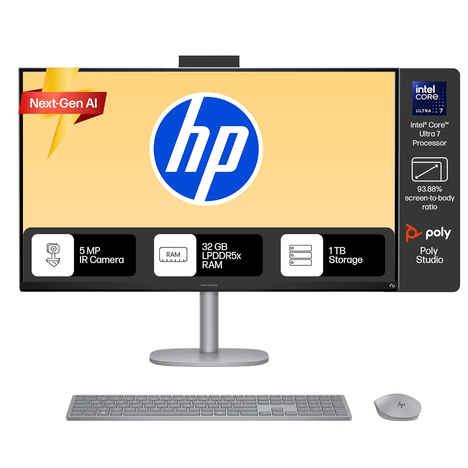HP OmniStudio X Next Gen AI All‑in‑One (Intel Core Ultra 7 258V, 32 GB DDR5, 1 TB SSD, 31.5″ 4K UHD IPS, Win 11, Office 24, Meteor Silver) – Model 32‑c1574in