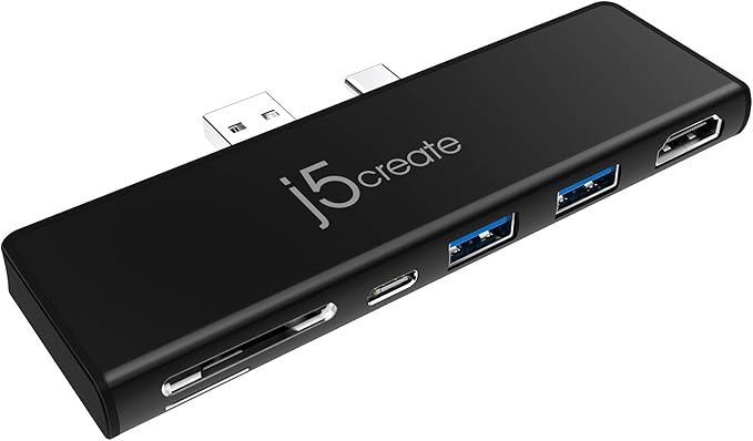 j5create JCD324B Surface Pro 7 Ultradrive Mini Dock | 6-in-2 | 4K 60Hz HDMI | USB-A 10Gbps x2 | USB-C 10Gbps with 60W PD | SD microSD Card Reader | Compact USB-C Hub