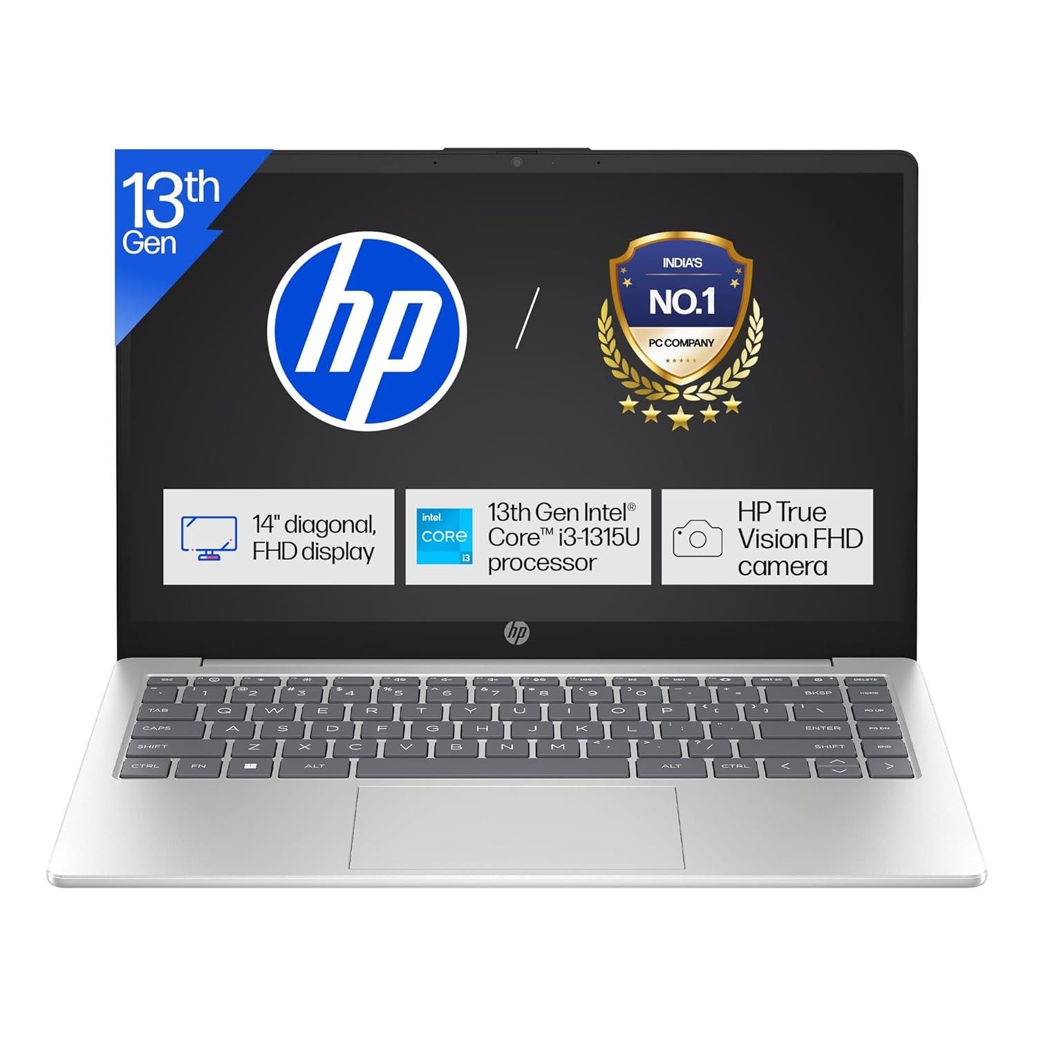 HP 14, 13th Gen Intel Core i3-1315U (8GB DDR4, 512GB SSD) FHD, Anti-Glare, Micro-Edge, 14''/35.6cm, Win11, M365 Basic(1yr)* Office24, Silver, 1.4kg, ep0294TU, Backlit, FHD Camera w/Shutter Laptop
