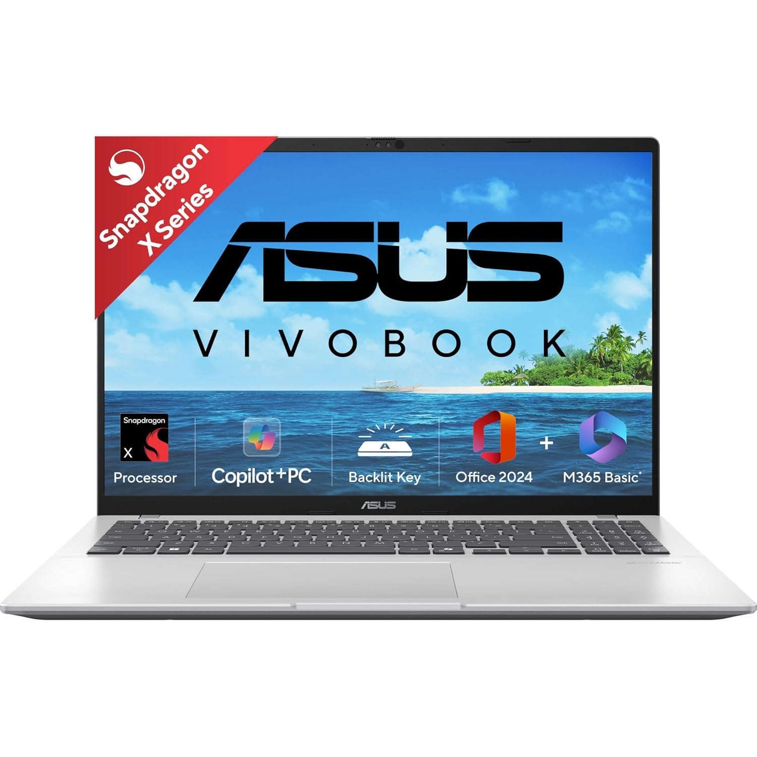 ASUS Vivobook 16, Snapdragon X, Copilot+ AI PC (Qualcomm Adreno iGPU, 45TOPS, 16GB RAM, 512GB SSD, FHD+ 16-inch display, Backlit Keyboard, Windows 11, M365 Basic 1 Year, Office Home 2024, Cool Silver, 1.88 kg), X1607QA-MB050WS