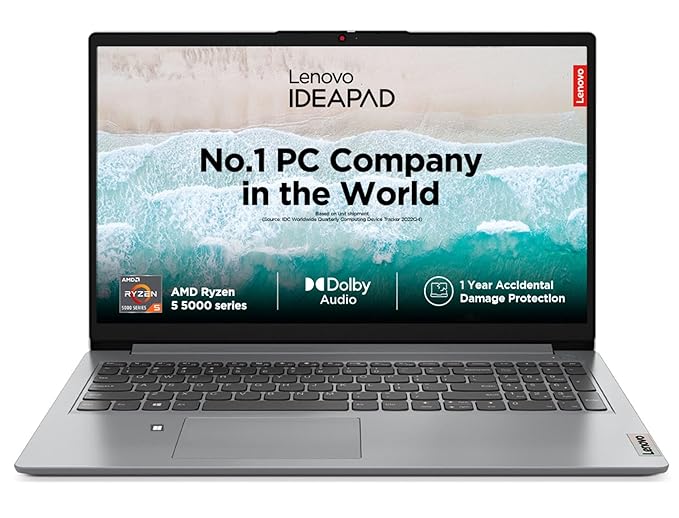 Lenovo IdeaPad 1, AMD Ryzen 5 5500U, 8GB RAM, 512GB SSD, FHD, 15.6"/39.6cm, Windows 11, Office Home 2024, Grey, 1.6Kg, 82R400XSIN, Integrated AMD Graphics, 1 Year ADP Free, Thin &Light Laptop
