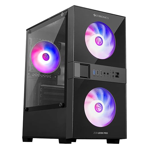 Zebronics Leon PRO Premium Mini-Tower Gaming Cabinet with 3 RGB Fans, Tempered Glass, USB 3.0 & Magnetic Dust Filter (Black)