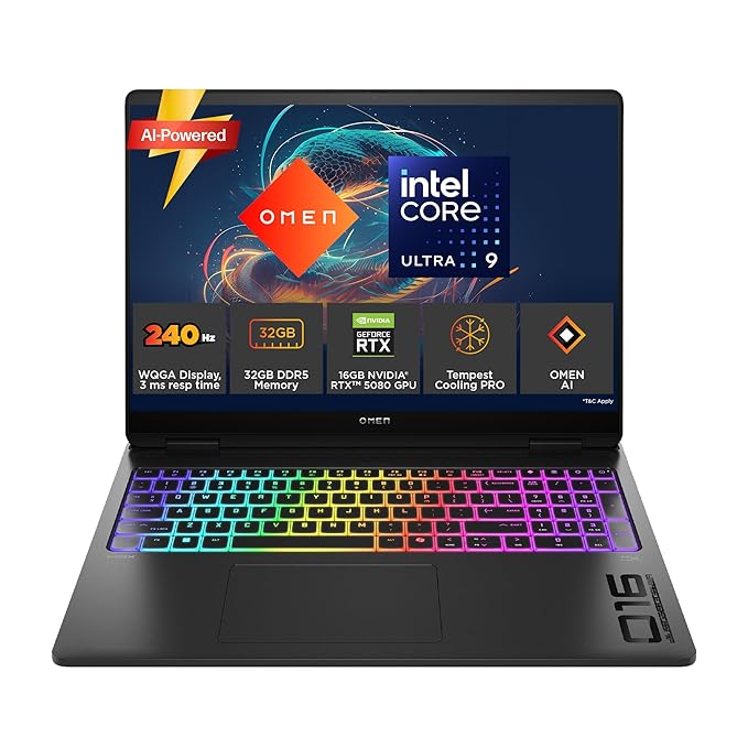 HP Omen 16 Max Gaming Laptop | Intel Core Ultra 9 275HX | 16GB NVIDIA RTX 5080 | 32GB DDR5 RAM | 1TB SSD | 16" WQXGA IPS Display | 60-240Hz, 3ms | Win 11 | M365 Office 24 | RGB Backlit | Black | 2.68Kg | AH0076TX