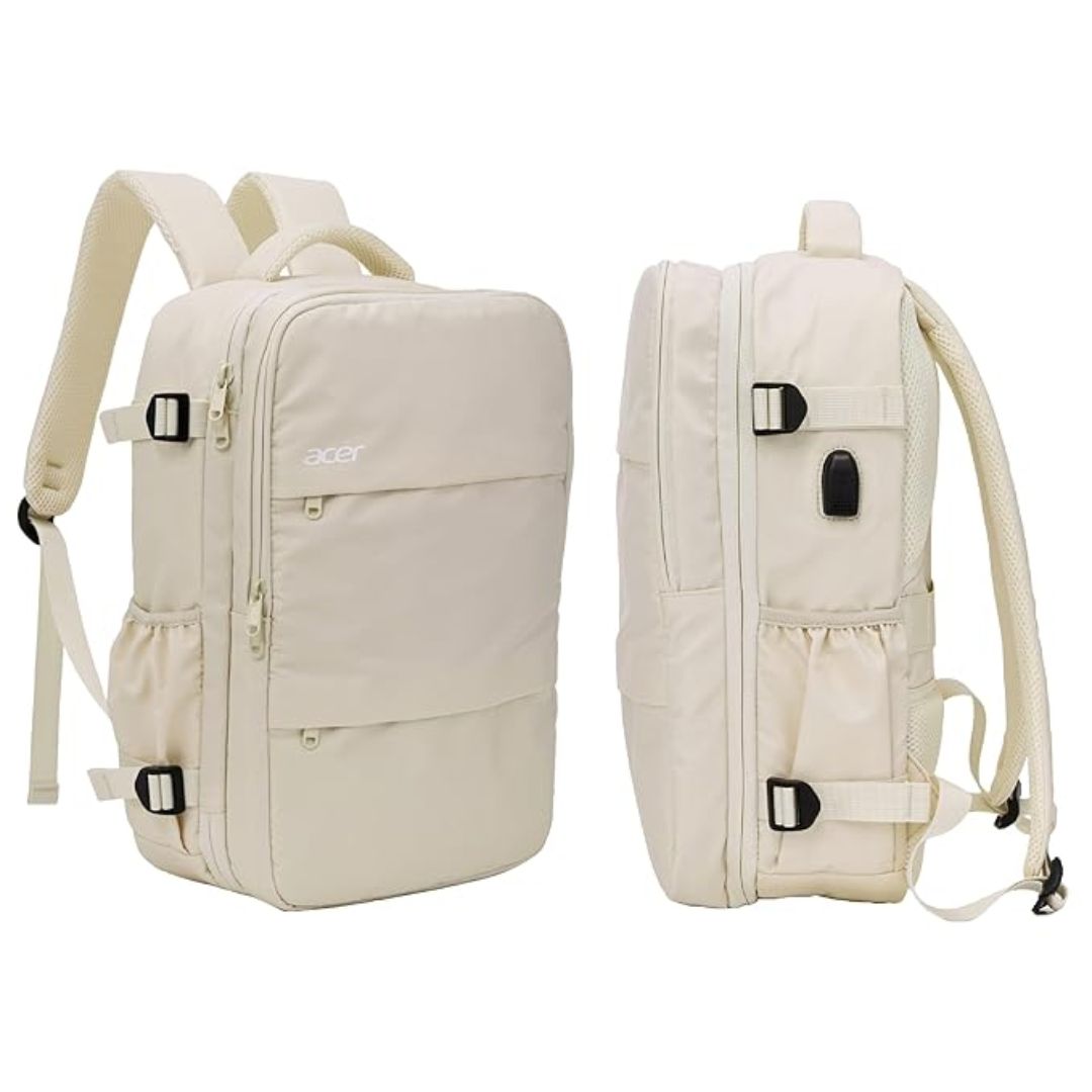 Acer Estilo Premium 15.6 Inch Beige Laptop Backpack | Water Resistant Polyester | Expandable | 2 Front Zipper Pockets, 2 Compartments | USB Charging & Strolley Strap