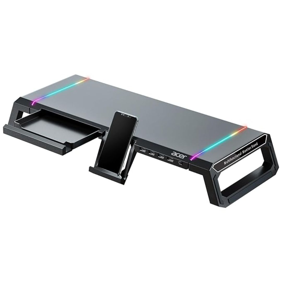 Acer Ergo Multifunction Monitor & Laptop Stand | RGB Lighting | 4-Port USB Hub | Aluminum Build with Keyboard Storage | Office & Home Use – Black