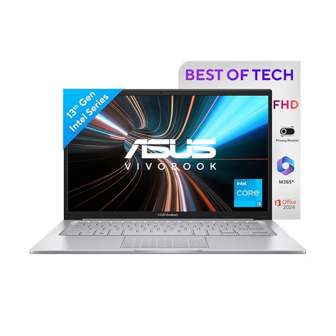 ASUS Vivobook 14 (X1404VA-NK761WS), Intel Core i3-1315U, 8GB RAM, 512GB SSD, 14" FHD Display, Windows 11, Office 2024, Backlit Keyboard – Cool Silver, 1.4 Kg Thin & Light Laptop
