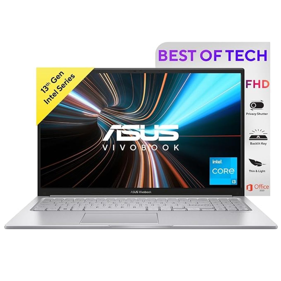 ASUS Vivobook 15 Thin & Light Laptop – Intel Core i3-1315U (13th Gen), 15.6" FHD, 8GB/512GB SSD, Windows 11, MS Office 2024, Backlit Keyboard, Silver, 1.7 kg (X1504VA-NJ3320WS)