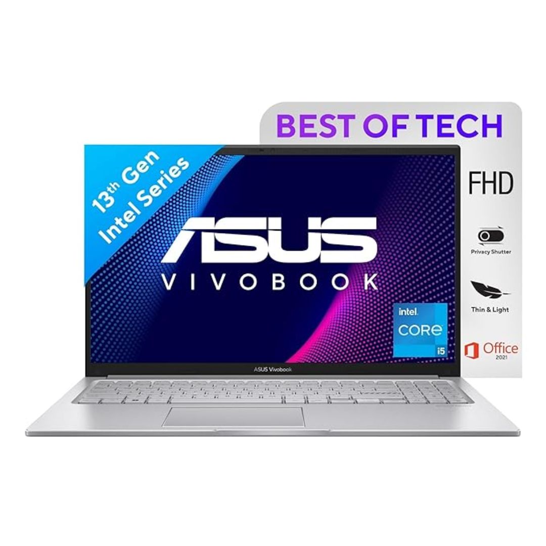 ASUS Vivobook 15 (X1504VA-NJ524WS, 2023), Intel Core i5-1335U 13th Gen, 8GB(2*4) RAM, 512GB SSD, 15.6" FHD Display, Windows 11, Office 2021, FingerPrint – Silver, 1.7 Kg Thin & Light Laptop
