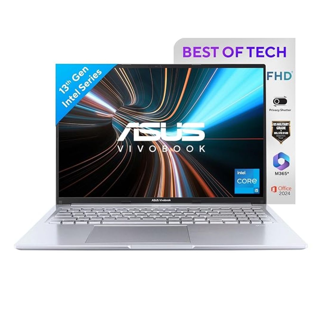 ASUS Vivobook 16 (X1605VA-MB9946WS), 13th Gen Intel Core i9-13900H, 16GB(2*8) RAM, 512GB SSD, 16" FHD+ Display, Windows 11, Office Home 2024 + M365 Basic (1 Year), Fingerprint Sensor, Silver, 1.88 Kg, Backlit Keyboard