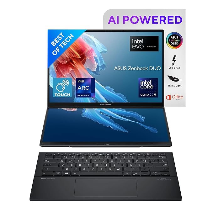 ASUS Zenbook Duo OLED UX8406MA-QL961WS, Intel Core Ultra 9 185H, 32GB RAM, 1TB SSD, Dual 14" FHD OLED Touch Display, Intel Arc Graphics, Windows 11 Home – Inkwell Gray