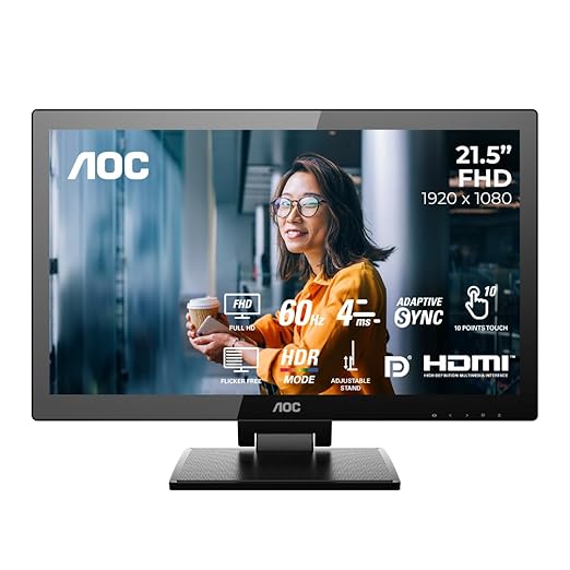 AOC 22P2T | 21.5" FHD VA Touch Monitor | 10-Point Capacitive Touch | 75Hz | HDMI | DP | DVI | USB 3.2 Fast Charge | HDR Mode | Built-in Speakers | IP65 Water & Dustproof | Eye Care | Z-Stand