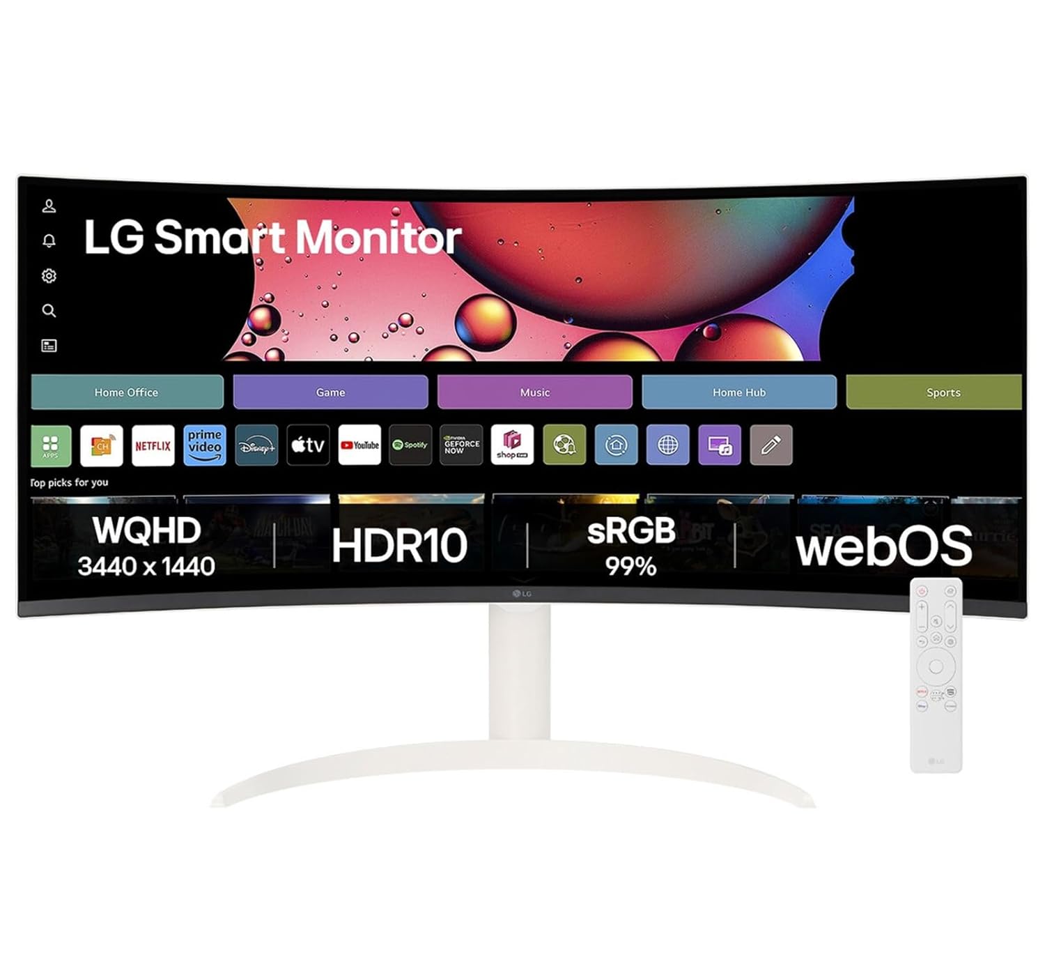 LG 34SR65QC Curved (1800R) UltraWide 21:9 Smart Monitor, 34" WQHD (3440x1440), HDR10, 99% sRGB(Typ.), 100Hz, Built-in Speaker, Height/Tilt Adjustment, webOS, AirPlay2, Bluetooth, HDMI, USB, White