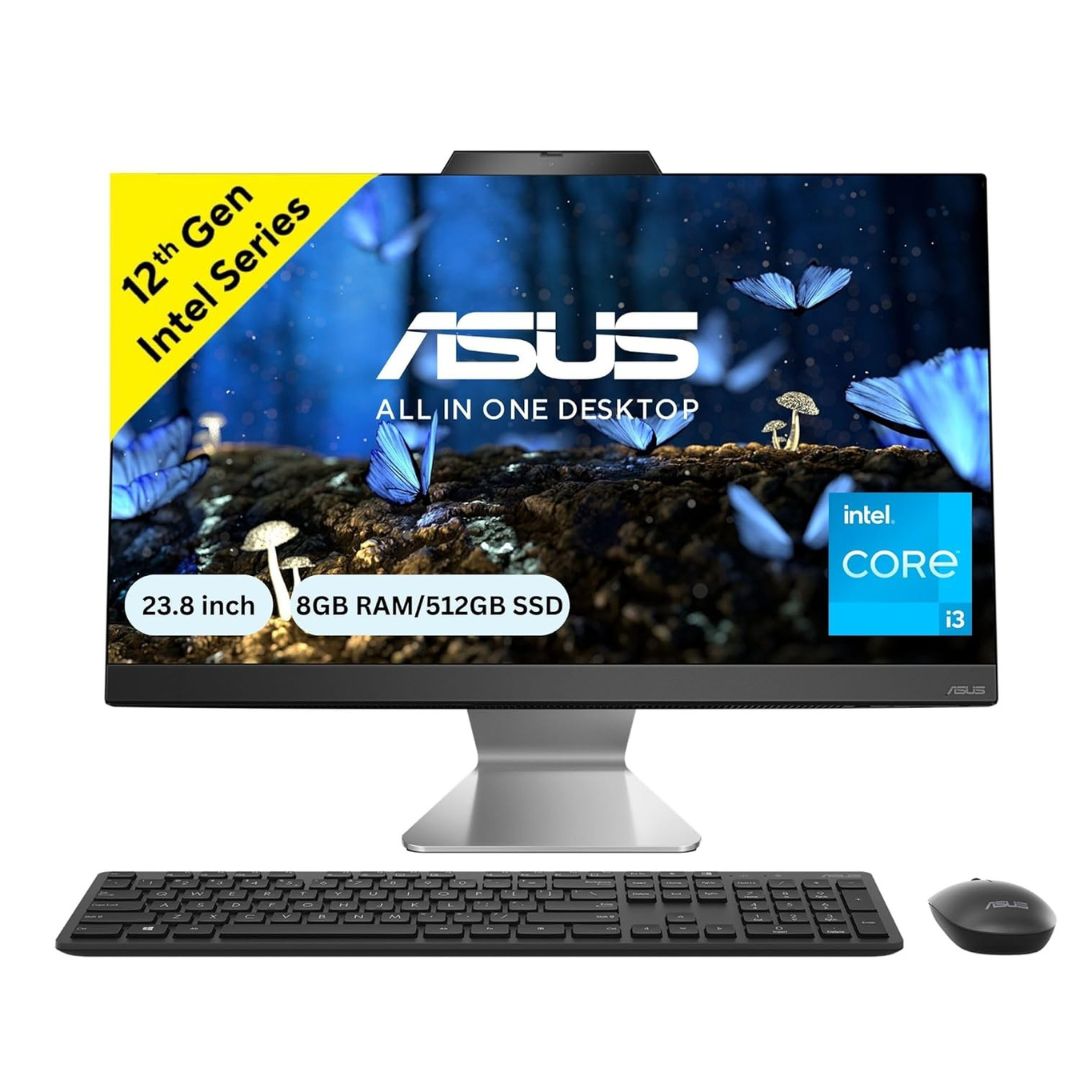 ASUS AiO A3 Series, 23.8" (60.45 cm) FHD, Intel Core i3-1215U 12th Gen, All-in-One Desktop (8GB DDR5/512GB SSD/Win11/Office + M365/McAfee AV 30D/Wireless Keyboard & Mouse/Black/5.40 kg), A3402WVA-BPC003WS – 1 Year Warranty
