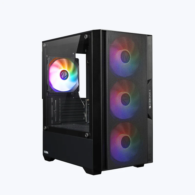 Zebronics ZEB-CORA Mid-Tower Gaming Cabinet with Tempered Glass Side Panel | ARGB Front Panel | High Airflow Design | Black