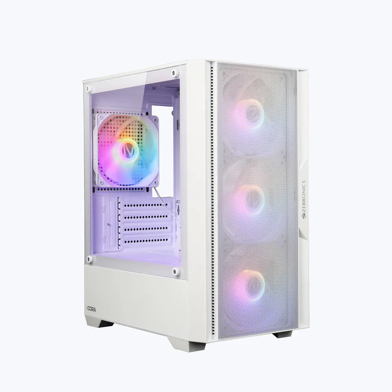 Zebronics ZEB-CORA Mid-Tower Gaming Cabinet with Tempered Glass Side Panel | ARGB Front Panel | High Airflow Design | WHITE