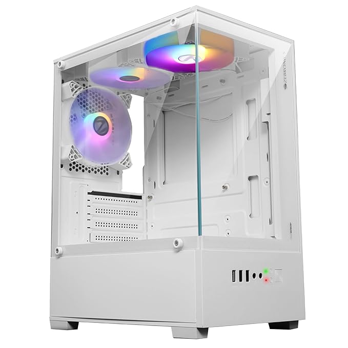 ZEBRONICS ROBUST Premium Gaming Chassis | mATX & Mini ITX Support | Wraparound Tempered Glass | 3 x 120mm Multicolor LED Ring Fans | Top Magnetic Dust Filter | White