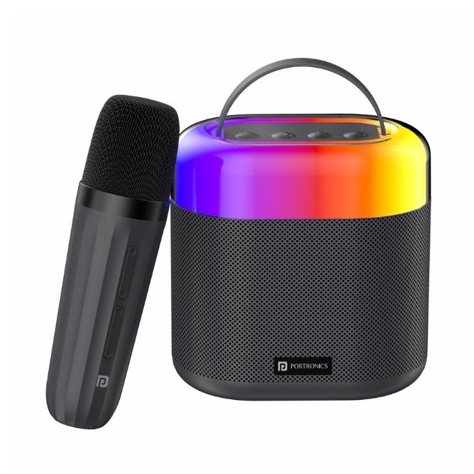 Portronics Dash 3 16W Bluetooth Speaker with Wireless Karaoke Mic, 5 Hours Playtime, Multicolor RGB Lights, 3 EQ Modes, 5 Voice Effects, AUX in, BT5.3v, Micro SD Card, Type C Charging Port(Black)