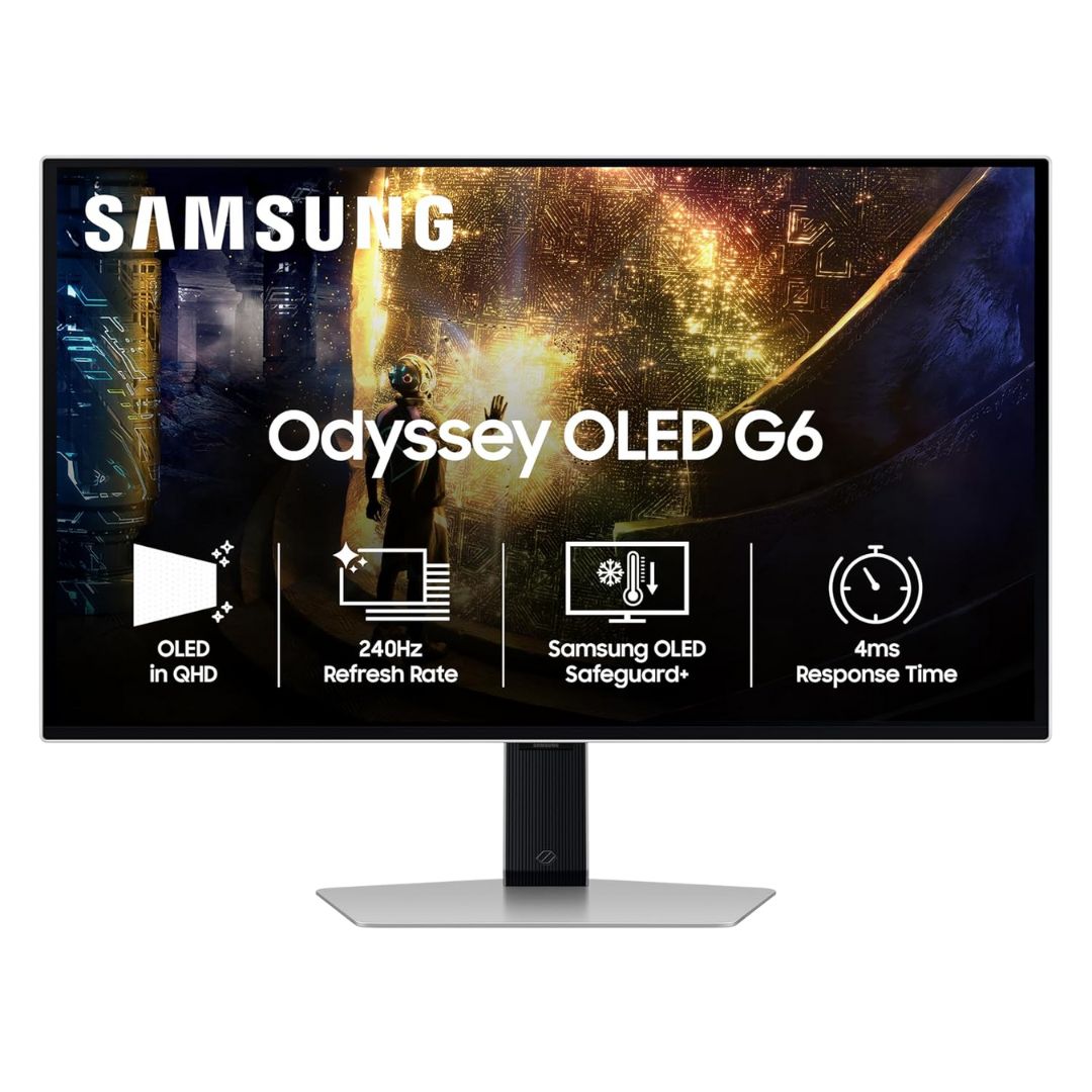 Samsung 27" OLED Gaming Monitor, QHD 2560×1440, 240Hz, 0.03ms GTG, HDR10+, FreeSync Premium Pro, G-Sync Compatible, Height-Tilt-Pivot Stand, LS27DG610SWXXL Silver
